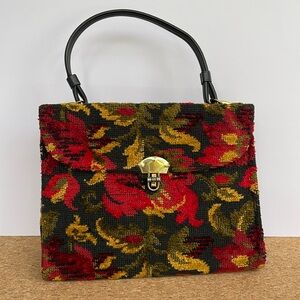 Vintage Floral Tapestry Handbag Purse Single Strap MCM Black Red Gold Fall